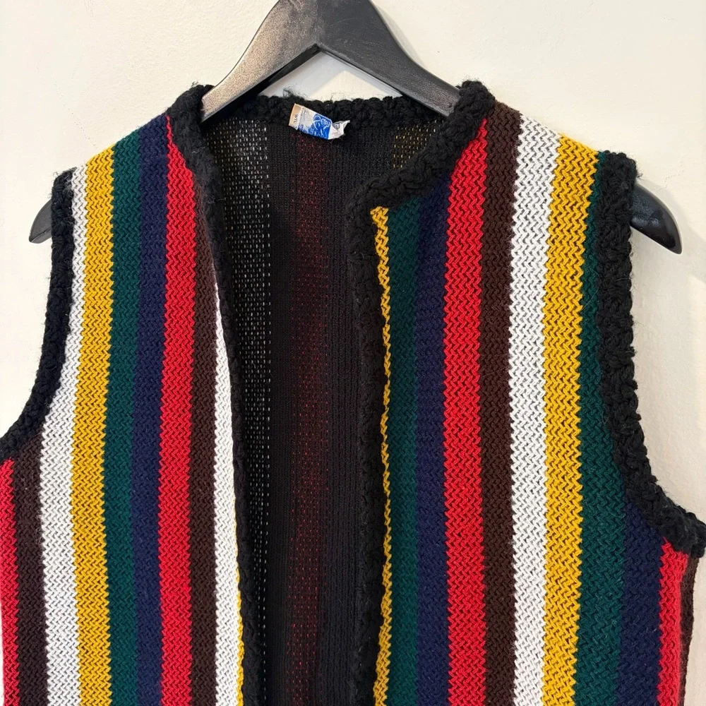 Vintage Sears Cardigan Sweater Vest Striped Fringe 60s 70s Boho Hippie Mod Knit